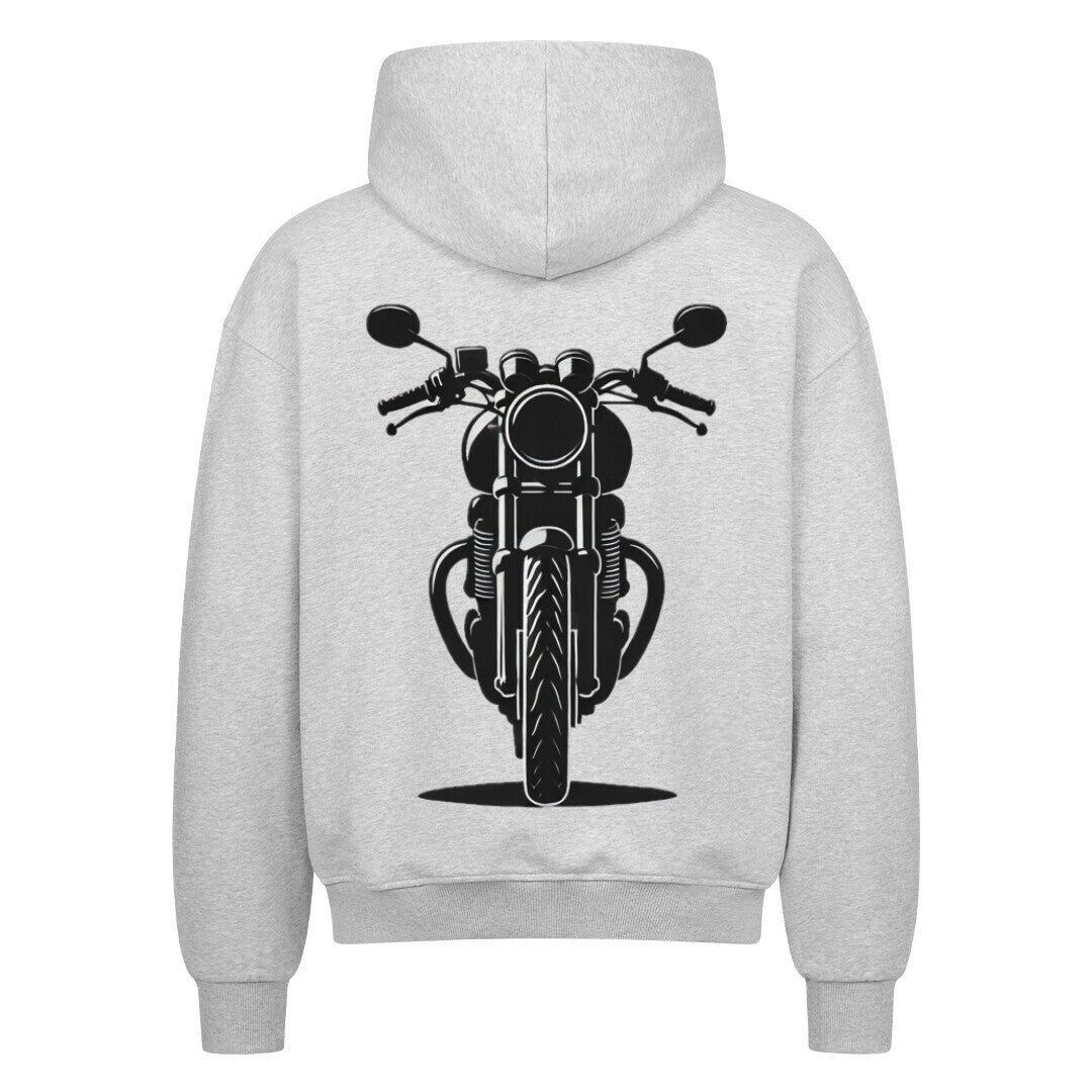 Der MarketPrint Oversized Zipper Hoodie "Bike" ist ein hellgraues, übergroßes Kapuzensweatshirt mit einer schwarzen Motorradgrafik in der Mitte des Rückens.