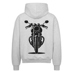 Der MarketPrint Oversized Zipper Hoodie "Bike" ist ein hellgraues, übergroßes Kapuzensweatshirt mit einer schwarzen Motorradgrafik in der Mitte des Rückens.