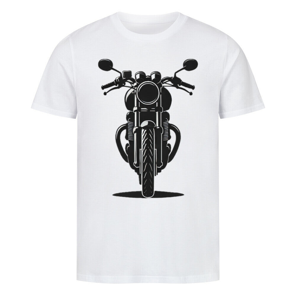 Das MarketPrint Premium Shirt "Bike" ist ein weißes Unisex-T-Shirt aus Bio-Baumwolle mit einer auffälligen schwarzen Motorradgrafik auf der Brust.