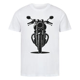 Das MarketPrint Premium Shirt "Bike" ist ein weißes Unisex-T-Shirt aus Bio-Baumwolle mit einer auffälligen schwarzen Motorradgrafik auf der Brust.