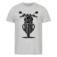 Das MarketPrint Premium Shirt "Bike" ist ein hellgraues Unisex-T-Shirt aus Singlejersey mit einer schwarzen Motorradgrafik auf der Brust in der Frontansicht.