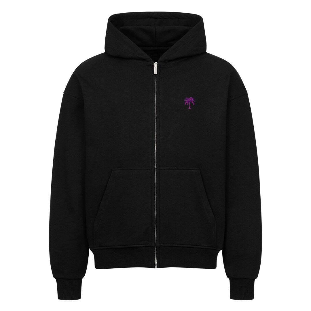 Der MarketPrint Oversized Zipper Hoodie "Sonnenuntergang" ist ein schwarzer Premium-Kapuzenpullover mit Fronttasche, Kapuze, gerippten Bündchen und Saum sowie einer kleinen lila Palmengrafik auf der linken Brust. Hergestellt aus 100% Baumwolle für maximalen Komfort.