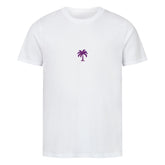 Das Premium Shirt "Palme-Sonnenuntergang" von MarketPrint ist ein unisex weißes Bio-Baumwolle T-Shirt aus weichem Singlejersey, mit einer kleinen lila Palmengrafik mittig auf der Brust.