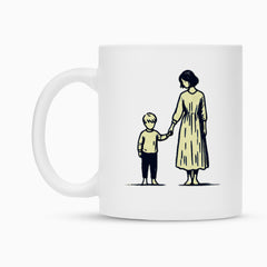 Die Tasse "Mutter-Sohn" von MarketPrint ist eine weiße Sublimationstasse mit Duraglaze-Beschichtung und einem schlichten Liniendesign: Eine Frau im langen Kleid hält ein Kind an der Hand.