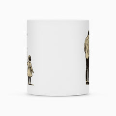Die Tasse "Vater-Tochter" von MarketPrint zeigt ein Kind mit Ballon auf der einen und einen nachdenklichen Erwachsenen auf der anderen Seite. Die weiße Keramiktasse hat eine langlebige Duraglaze-Beschichtung und schlichtes Design.