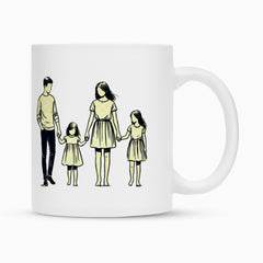 Die Tasse "Eltern-Töchter" von MarketPrint aus weißer Keramik mit Duraglaze-Beschichtung zeigt eine Illustration: ein Mann, eine Frau und zwei Mädchen halten Händchen und blicken gemeinsam nach vorne.