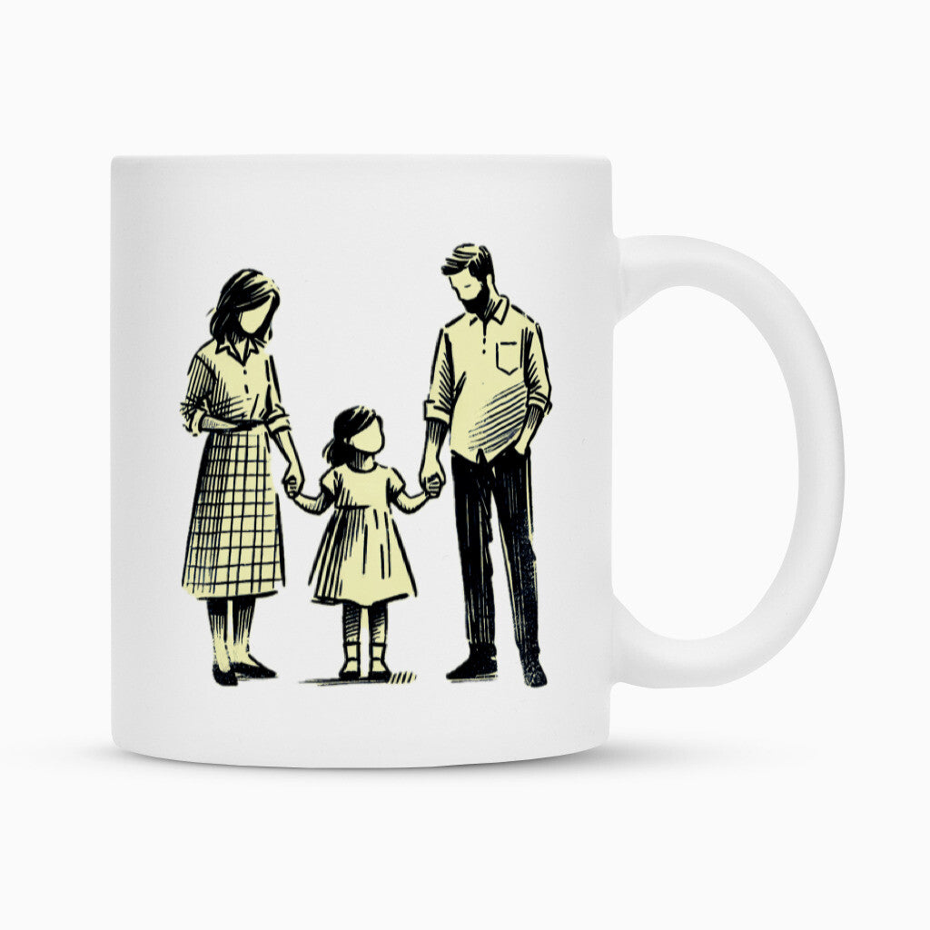 Die Tasse "Eltern-Tochter" von MarketPrint ist eine weiße Keramiktasse mit Duraglaze-Beschichtung und einem schlichten, einfarbigen Motiv von zwei Erwachsenen und einem Kind, die nebeneinander stehen und nach vorne blicken.