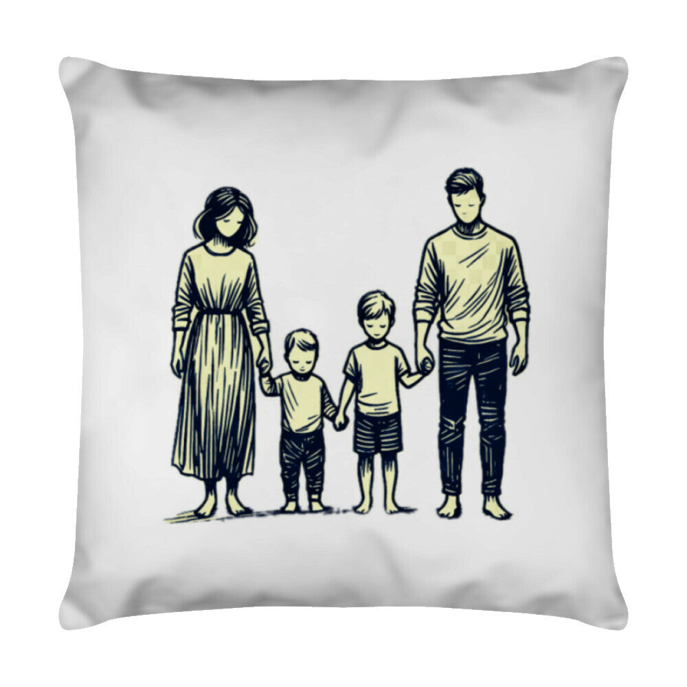 Eine einfache Strichzeichnung von zwei Erwachsenen und zwei Kindern, die sich an den Händen halten, gedruckt auf dem MarketPrint Kissen "Eltern-Söhne" in weiß mit praktischem Reißverschluss.