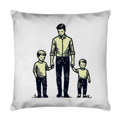 Auf dem MarketPrint Kissen "Vater-Söhne" mit Reißverschluss ist eine einfache Illustration eines Erwachsenen, der zwei Kinder an den Händen hält, aufgedruckt.