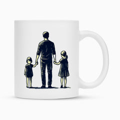 Die Tasse "Vater-Töchter" von MarketPrint zeigt eine schlichte schwarze Illustration eines Vaters, der zwei Töchter an den Händen hält. Perfekt als Sublimationstasse für personalisierte Geschenke oder den täglichen Kaffeegenuss.