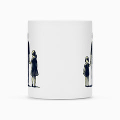 Die MarketPrint Tasse "Vater-Töchter" ist eine minimalistische, weiße Keramiktasse mit einer Illustration: Ein Mädchen im Kleid hält links die Hand ihres teils sichtbaren Vaters und steht rechts allein.