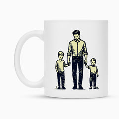 Die Tasse "Vater-Söhne" von MarketPrint ist eine weiße Keramiktasse mit Duraglaze-Beschichtung und zeigt einen Mann, der zwei Jungen hält.