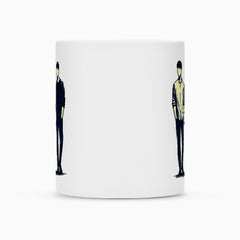 Die Tasse "Mann-Mann" von MarketPrint ist eine weiße Keramiktasse mit minimalistischen Illustrationen zweier gegenüberstehender Personen und viel Leerraum - stilvoll für Ihre Pause.