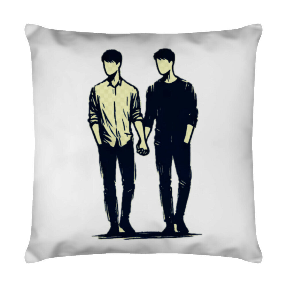 Eine Zeichnung von zwei Menschen, die sich an den Händen halten, beide mit kurzen Haaren und legerer Kleidung - einer in einem hellen Hemd, der andere in einem dunklen Hemd - gedruckt auf dem MarketPrint Kissen "Mann-Mann" mit Reißverschluss auf weißem Stoff.
