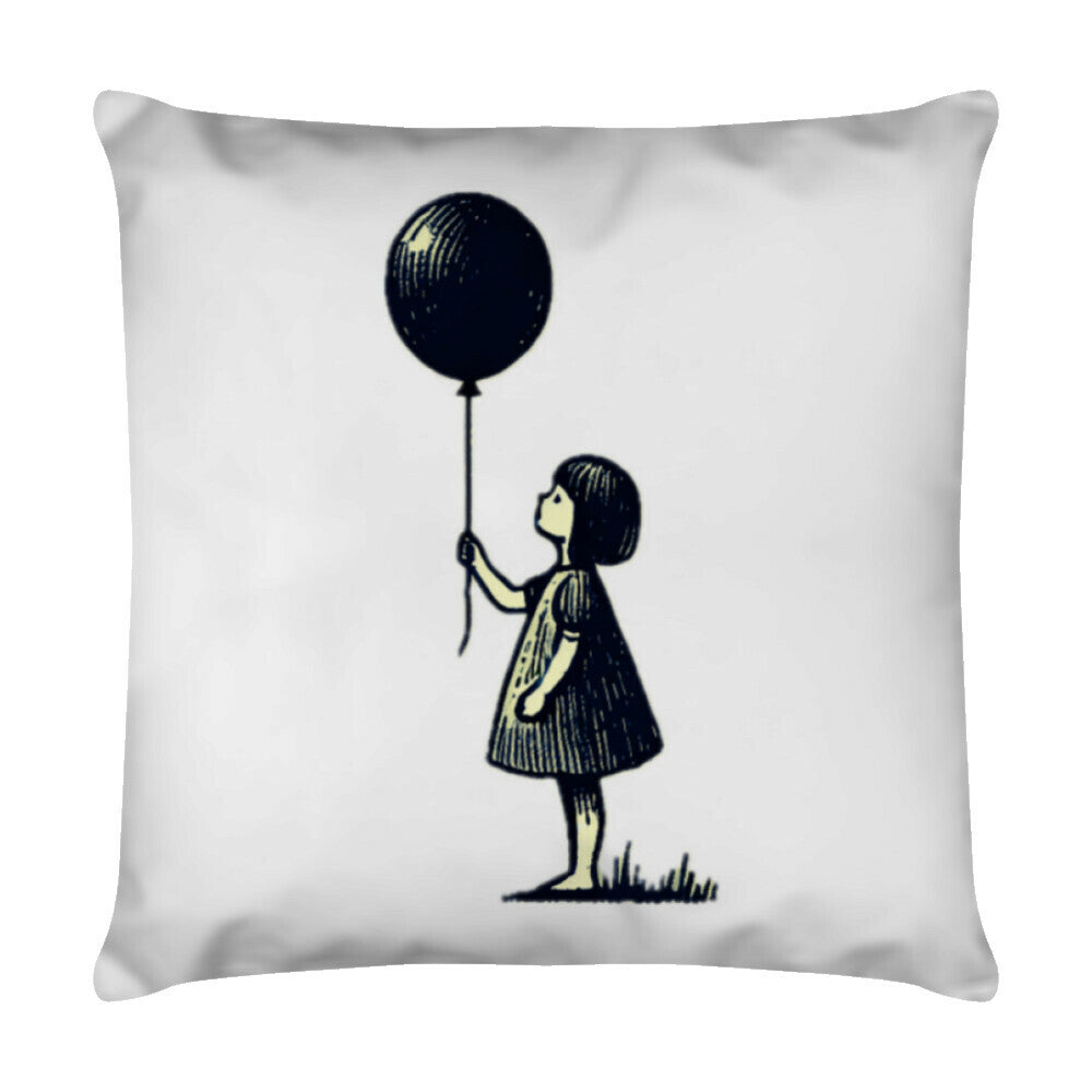 Das Kissen "Mädchen mit Ballon" von MarketPrint zeigt eine schwarz-weiße Illustration eines Mädchens mit Ballon auf einer Wiese und verfügt über einen praktischen Reißverschluss zum einfachen Entfernen des Futters.