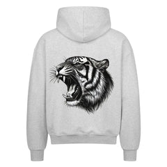 Der MarketPrint Oversized Zipper Hoodie "Tiger" ist ein grauer Kapuzenpulli mit einem auffälligen Tigergesicht, gefertigt aus 100% Baumwolle für höchsten Tragekomfort.