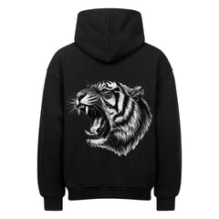 Der MarketPrint Oversized Hoodie "Tiger" ist ein schwarzer, schwerer Baumwoll-Kapuzenpulli mit einer großen, detaillierten weißen und grauen Illustration eines brüllenden Tigerkopfes auf dem Rücken. Flach dargestellt, zeigt er das Design von hinten.