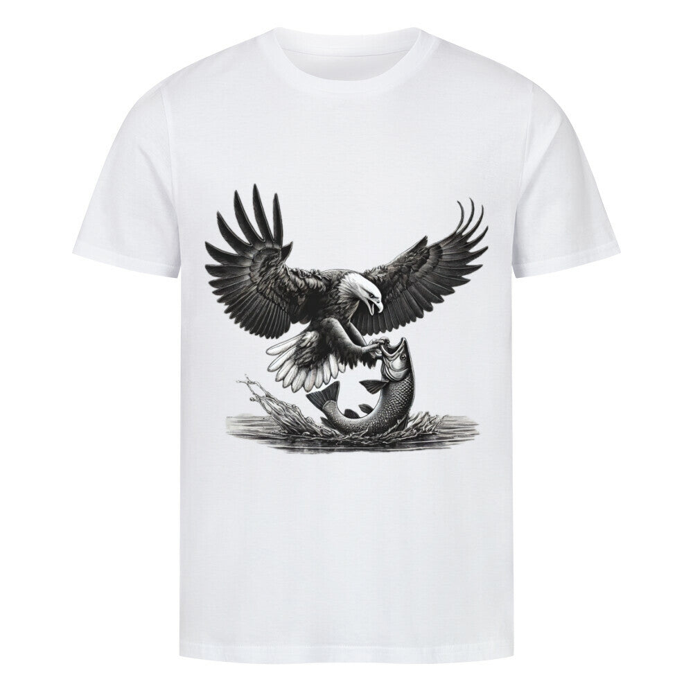 Das Premium Shirt "Adler-Attack" von MarketPrint ist ein weißes Bio-Baumwolle T-Shirt mit einer auffälligen schwarz-weißen Adler-Illustration - ideal für Fans nachhaltiger Mode.