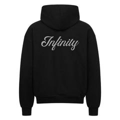 Der Oversized Zipper Hoodie "Infinity" von MarketPrint trägt den Schriftzug "Infinity" in fetten, hellgrauen Lettern auf dem Rücken. Dieser schwarze Premium-Kapuzenpulli ist aus 100% Baumwolle gefertigt und wird flach liegend mit der Rückseite nach vorne gezeigt.