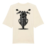 Das Premium Oversize "Motorrad" T-Shirt von MarketPrint in Creme aus Bio-Baumwolle mit schwarzem Motorrad-Frontprint auf dem Rücken - das ideale lässige Shirt für entspannte Outfits.