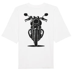 Das Premium Oversize "Motorrad" T-Shirt von MarketPrint aus weißer Bio-Baumwolle bietet einen schwarzen Motorrad-Frontprint mittig auf dem Rücken - das perfekte lässige Shirt für jeden Tag.