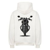 Der MarketPrint Oversized Hoodie "Motorrad" in Weiß ist von hinten zu sehen, mit einer auffälligen schwarzen Motorradgrafik in der Mitte des oberen Rückens.