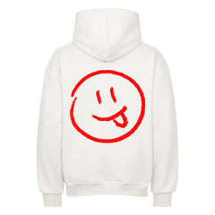 Der MarketPrint Oversized Hoodie "Smiley" in Weiß ist von hinten abgebildet, mit einem großen roten Umriss eines Smiley-Gesichts mit herausgestreckter Zunge in der Mitte.