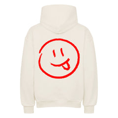 Der MarketPrint Oversized Hoodie "Smiley" ist ein weißer, weicher, langärmeliger Kapuzenpullover mit einem großen, roten Smiley-Gesicht auf dem Rücken, der erstklassigen Komfort mit verspieltem Stil verbindet.