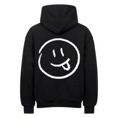 Der MarketPrint Oversized Hoodie "Smiley" ist ein schwarzer Premium-Kapuzenpulli mit einem großen weißen Smiley-Gesicht - verspielte Augen und herausgestreckte Zunge - auf dem Rücken sowie einer gemütlichen Kapuze und gerippten Bündchen für zusätzlichen Komfort.