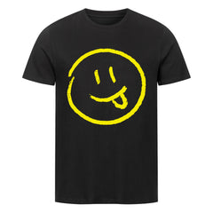 Das MarketPrint Premium Shirt "Smiley" ist ein schwarzes Unisex-T-Shirt aus weicher Bio-Baumwolle mit einem großen gelben, handgezeichneten Smiley-Gesicht mit herausgestreckter Zunge und ungleichmäßigen Linien für einen verspielten, lässigen Look.