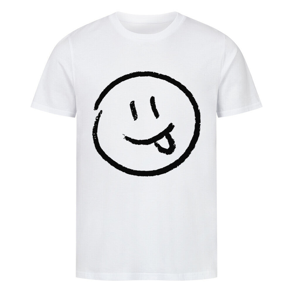 Das Premium Shirt "Smiley" von MarketPrint ist ein weißes Unisex-T-Shirt aus weichem Bio-Baumwoll-Single-Jersey. Es zeigt auf der Vorderseite eine große schwarze Skizze eines Smileys, das seine Zunge herausstreckt.