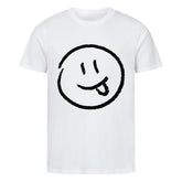 Das Premium Shirt "Smiley" von MarketPrint ist ein weißes Unisex-T-Shirt aus weichem Bio-Baumwoll-Single-Jersey. Es zeigt auf der Vorderseite eine große schwarze Skizze eines Smileys, das seine Zunge herausstreckt.
