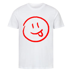 Das MarketPrint Premium Shirt "Smiley" ist ein schlichtes, weißes Unisex-T-Shirt, das auf der Vorderseite ein großes, skizzenhaftes, rotes Smiley-Gesicht mit herausgestreckter Zunge zeigt.