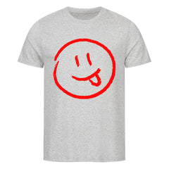 Das Premium Shirt "Smiley" von MarketPrint ist ein hellgraues, kurzärmeliges Unisex-T-Shirt aus weichem Singlejersey, mit einem großen, roten Smiley-Gesicht in der Mitte der Vorderseite.