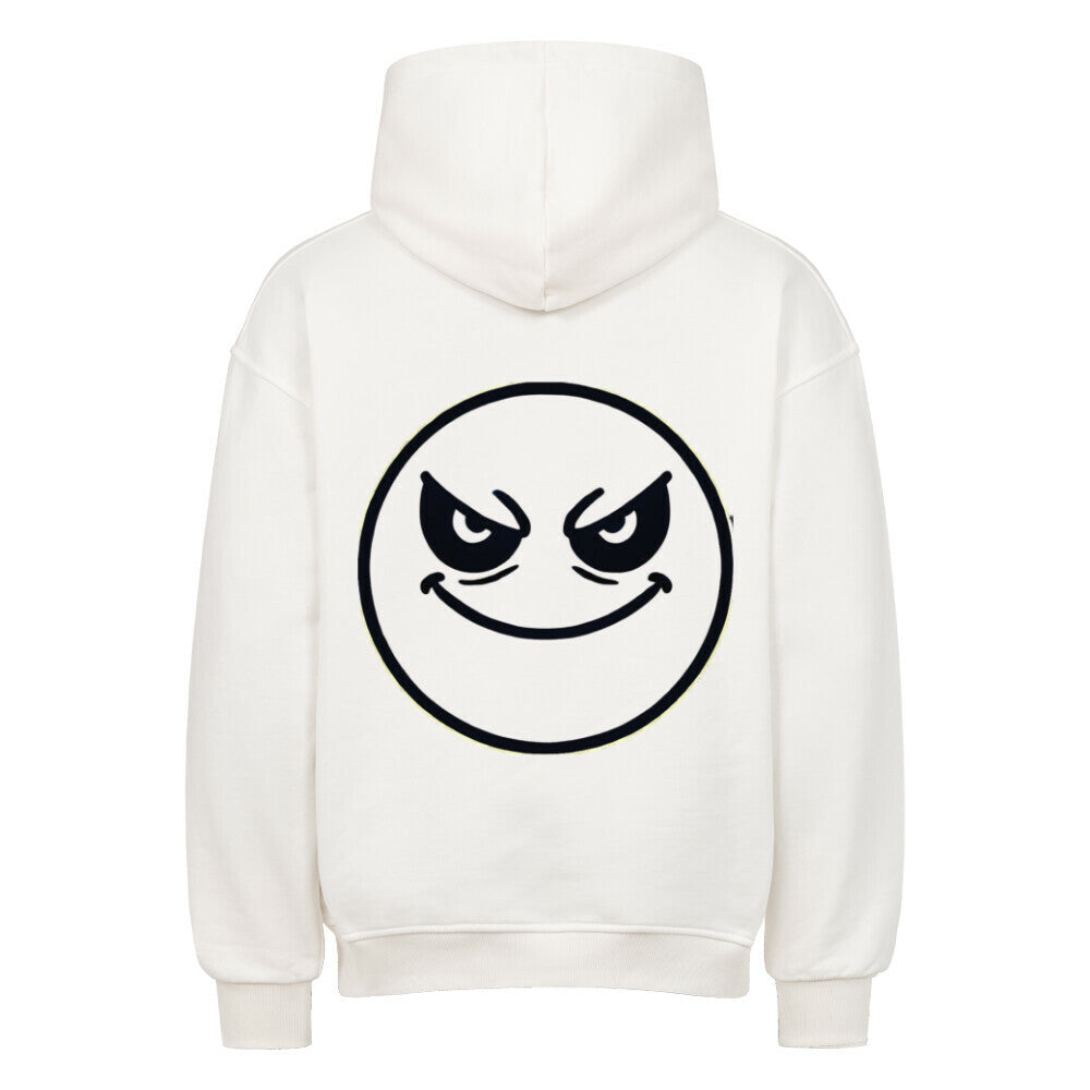 Der Oversized Hoodie "Böser-smiley" von MarketPrint ist ein weißer Premium-Kapuzenpullover mit einem großen schwarzen Umriss eines schelmischen Smileys und einem verschmitzten Grinsen auf dem Rücken.