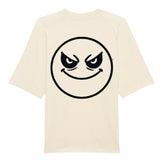 Das Premium Oversize Blast "Böser-smiley" T-Shirt von MarketPrint ist beige, aus Bio-Baumwolle, hat kurze Ärmel und auf dem Rücken einen großen schwarzen Umriss eines frechen Smileys mit schrägen Augen.