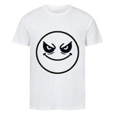 Das MarketPrint Premium Shirt "Böser-smiley" ist ein weißes Unisex-T-Shirt, das auf der Vorderseite ein rundes Gesicht mit gewölbten Augen und einem verschmitzten Lächeln zeigt.