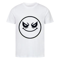 Das MarketPrint Premium Shirt "Böser-smiley" ist ein weißes Unisex-T-Shirt, das auf der Vorderseite ein rundes Gesicht mit gewölbten Augen und einem verschmitzten Lächeln zeigt.