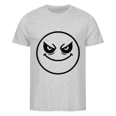 Das Premium Shirt "Böser-smiley" von MarketPrint ist ein hellgraues Unisex-Kurzarm-T-Shirt aus weichem Single-Jersey, auf dem ein böses, lächelndes Gesicht mit gewölbten Augenbrauen und schrägen Augen schwarz umrandet ist.