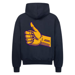 Der MarketPrint Oversized Zipper Hoodie "Daum hoch" in schwarz ist aus 100% Baumwolle gefertigt und zeigt eine große gelbe und lila Daumen-hoch-Grafik auf dem Rücken.