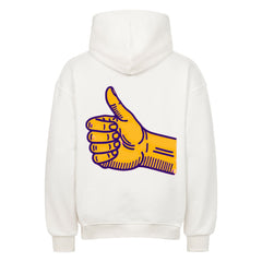 Der Oversized Hoodie "Daum hoch" von MarketPrint ist ein hochwertiger weißer Kapuzenpullover mit übergroßer Passform, der auf dem Rücken eine große stilisierte gelbe Daumen-hoch-Hand in Lila zeigt.
