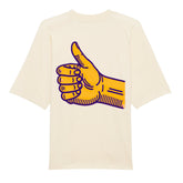 Das MarketPrint Premium Oversize Blast "Daum hoch" T-Shirt ist cremefarben, aus Bio-Baumwolle gefertigt und zeigt auf dem Rücken eine große gelbe Daumen-hoch-Hand in lila Umrandung. Das Shirt ist flach liegend abgebildet, die Rückseite ist sichtbar.