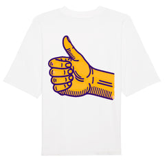 Das Premium Oversize Blast "Daum hoch" T-Shirt von MarketPrint besteht aus Bio-Baumwolle und hat einen großen gelben Daumen-hoch-Print mit lila Umrandung auf dem Rücken.