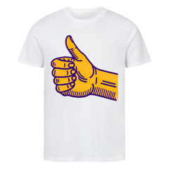 Das Premium-Shirt "Daum hoch" von MarketPrint ist ein weißes Unisex-T-Shirt aus weichem Bio-Baumwoll-Single-Jersey mit einer großen gelben, lila umrandeten Daumen-hoch-Hand mittig auf der Vorderseite.