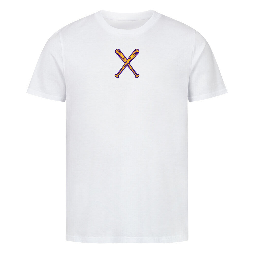 Das MarketPrint Premium Shirt "Baseball" ist ein weißes, kurzärmeliges Unisex-T-Shirt aus weicher Bio-Baumwolle mit zwei gekreuzten, farblich detaillierten Baseballschlägern auf der Brust.