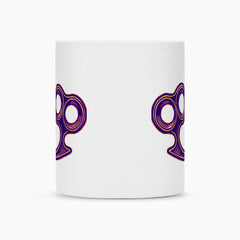 Die MarketPrint Tasse "Schlagring" ist eine weiße Keramiktasse mit partiell lila und orange umrandeten Messingknöcheln auf jeder Seite und einer leeren Mitte. Ihre Duraglaze-Beschichtung sorgt für lang anhaltende Leuchtkraft und Haltbarkeit.