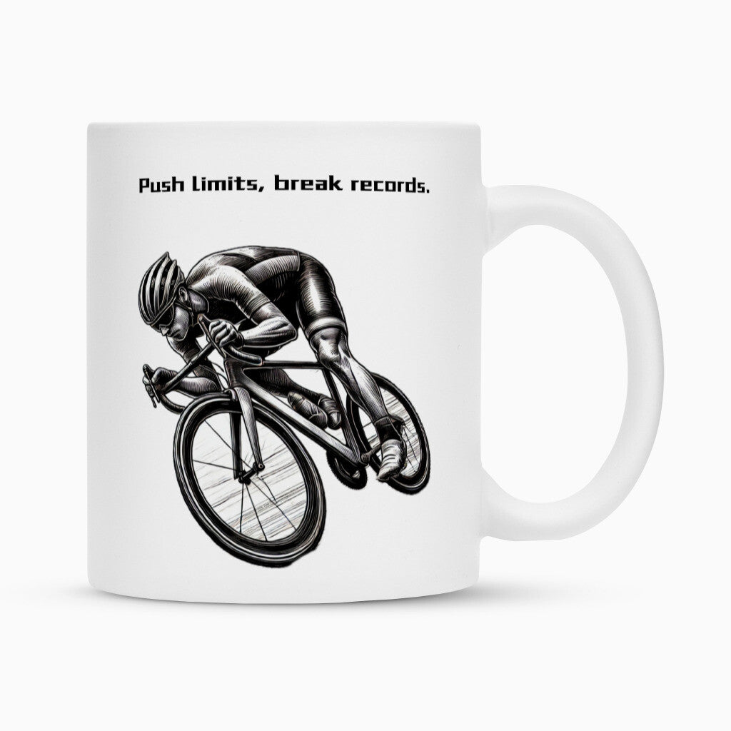 Die MarketPrint Tasse "Radsport" ist eine weiße Keramiktasse mit einer Zeichnung eines Radfahrers - perfekt als Sublimationstasse für individuelle Designs.