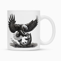 Die Tasse "Adler" von Infinity Merch zeigt eine schwarz-weiße Adler-Illustration mit Fischfang-Motiv und überzeugt durch eine robuste Duraglaze-Beschichtung.