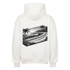 Der Infinity Merch Oversized Hoodie "Strand" kommt in Weiß und zeigt eine schwarz-weiße tropische Strandgrafik mit Palmen, Wellen und einer Sonne auf dem Rücken.