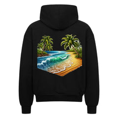 Der Oversized Zipper Hoodie "Strand" von Infinity Merch ist ein schwarzer Premium-Kapuzenpulli mit einer Strand-, Meereswellen-, Palmen- und Himmelblau-Grafik auf dem Rücken, hergestellt aus 100% Baumwolle für hohen Tragekomfort.